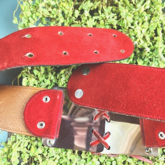 Vtg Lace Up JEWEL CASE Red Suede Leather Silver Cross Tie Easy Back Closure Belt - Picture 13 of 16